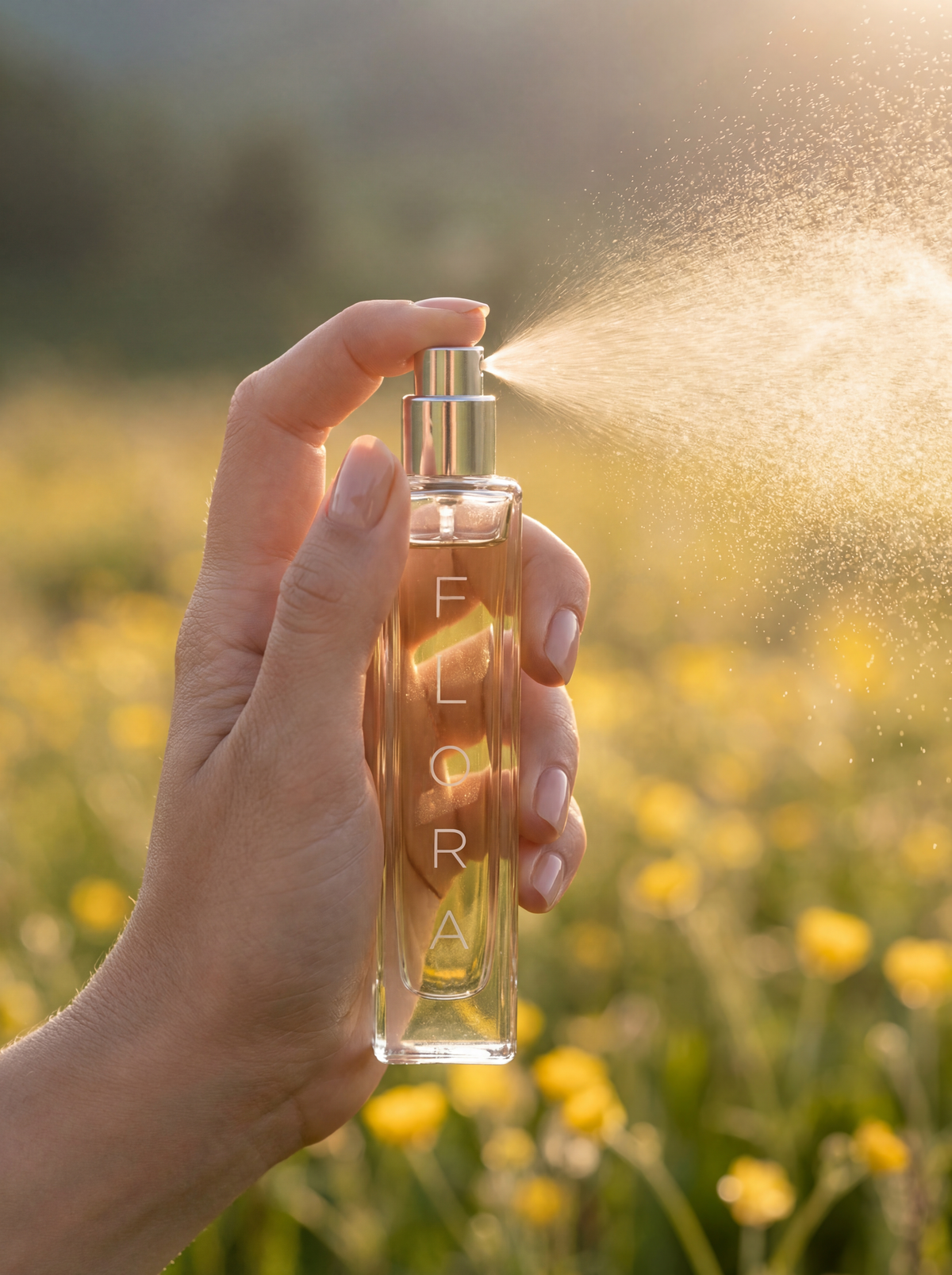 FLORA wird über einer Blumenwiese aufgesprüht, Hand mit Flakon im Gegenlicht