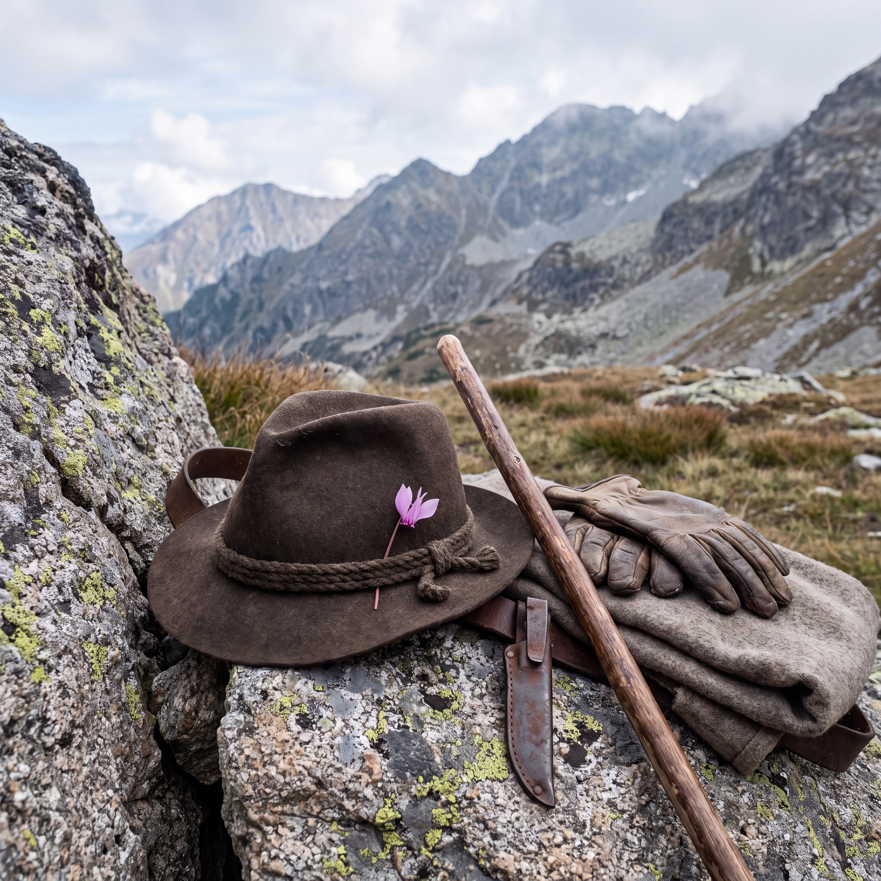 Bergsteigerhut mit Alpenveilchen, Stock und Handschuhen vor Alpenpanorama