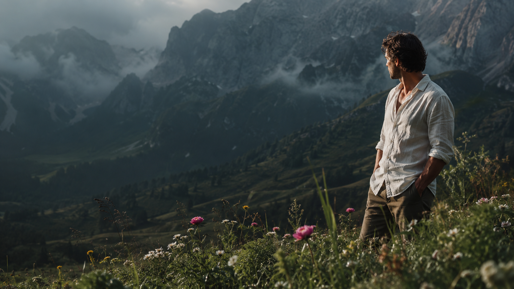 Mann in einer blühenden Bergwiese in den Alpen