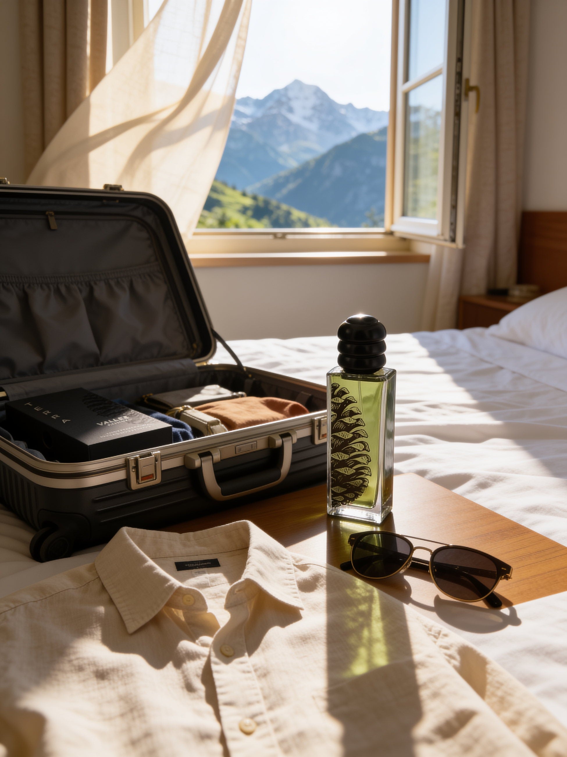 Geöffneter Koffer auf dem Bett, TERRA daneben, Blick auf die Berge