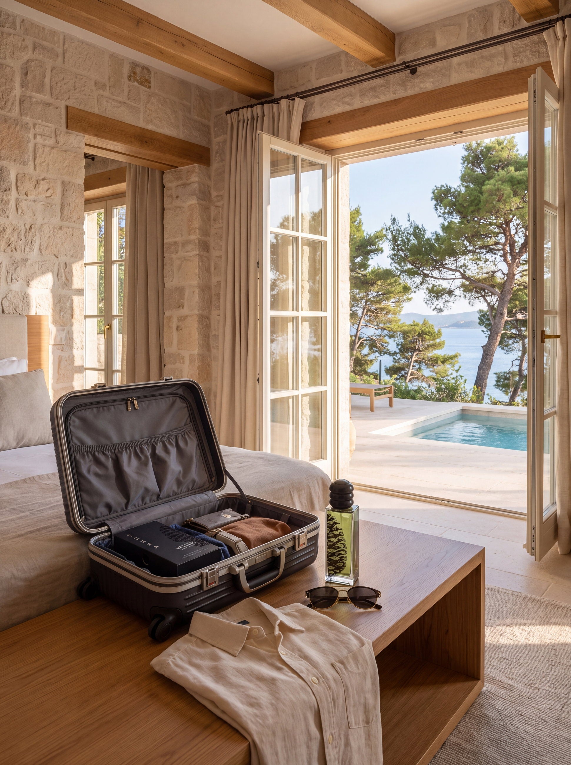 Zimmer mit offener Tür zum Pool und zum Meer, Koffer und TERRA