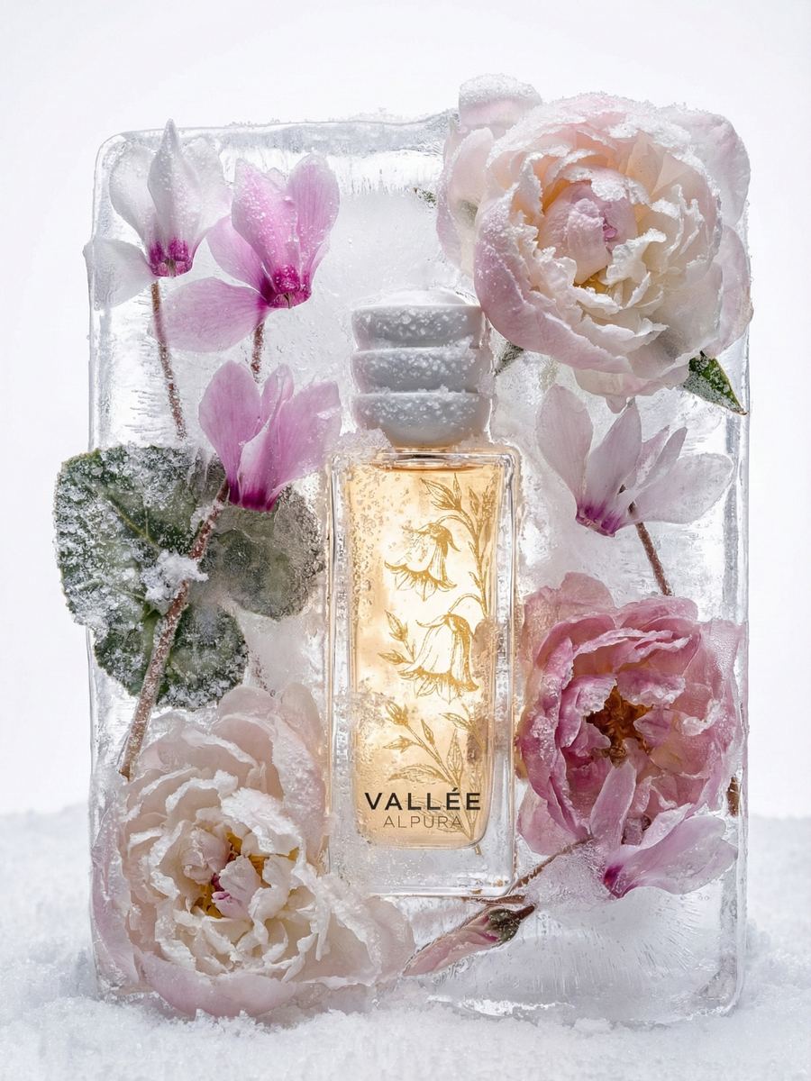 Flacone di FLORA con peonie e ciclamini congelati nel ghiaccio
