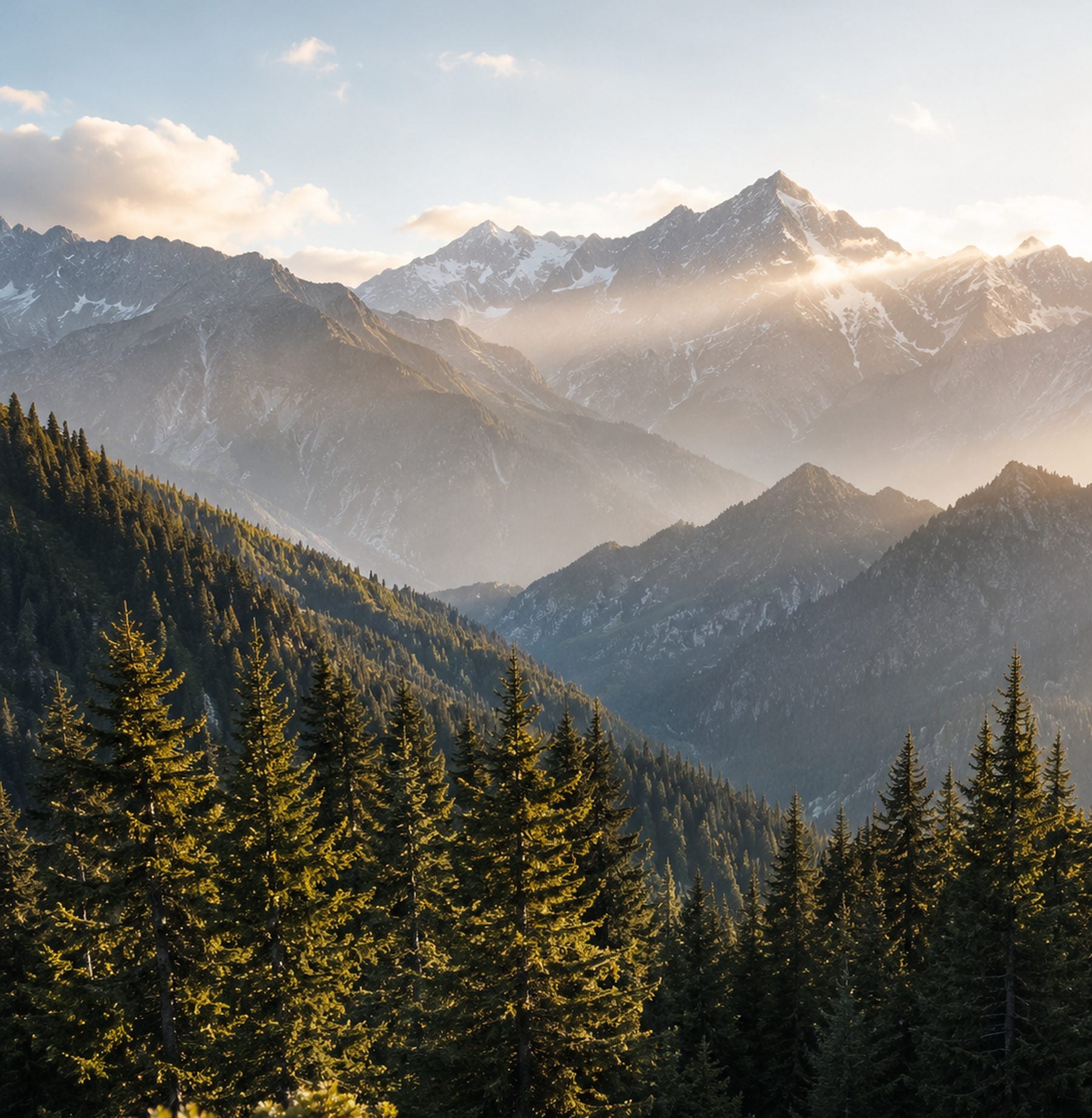 Bayerischer Bergwald vor den Alpen im Morgenlicht