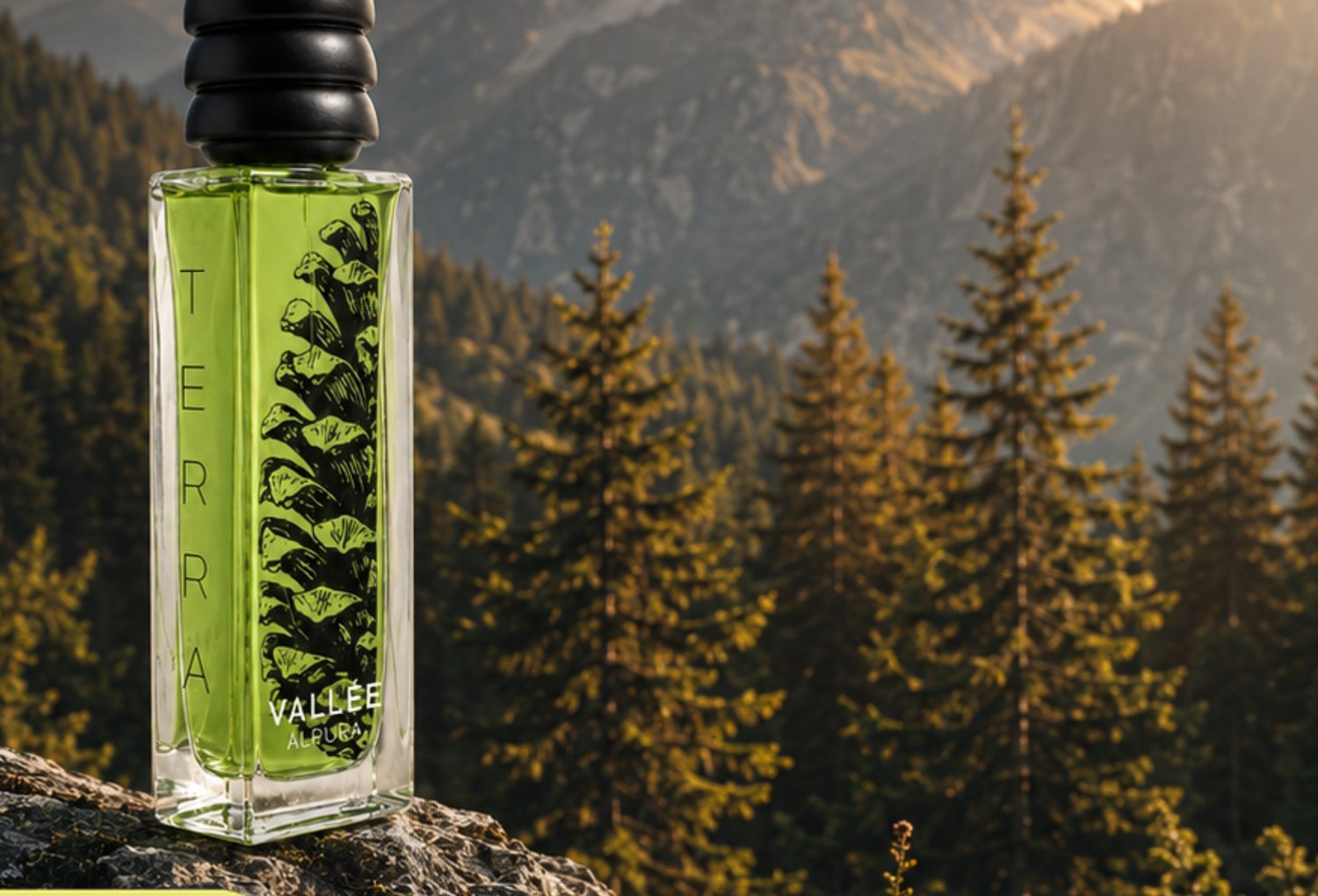 TERRA Flakon auf einem Fels vor bayerischem Bergwald
